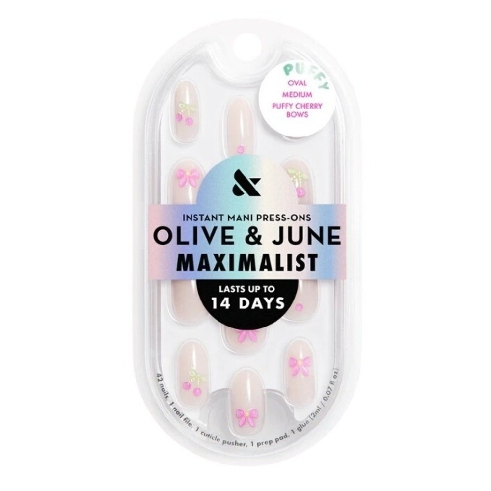 Olive‎ & June Instant Mani Press-On Nails Puffy Cherry Bows Oval Medium 32ct New